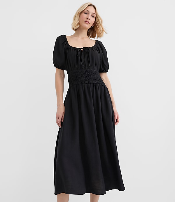 Petite Ruffle Tie Neck Smocked Midi Dress