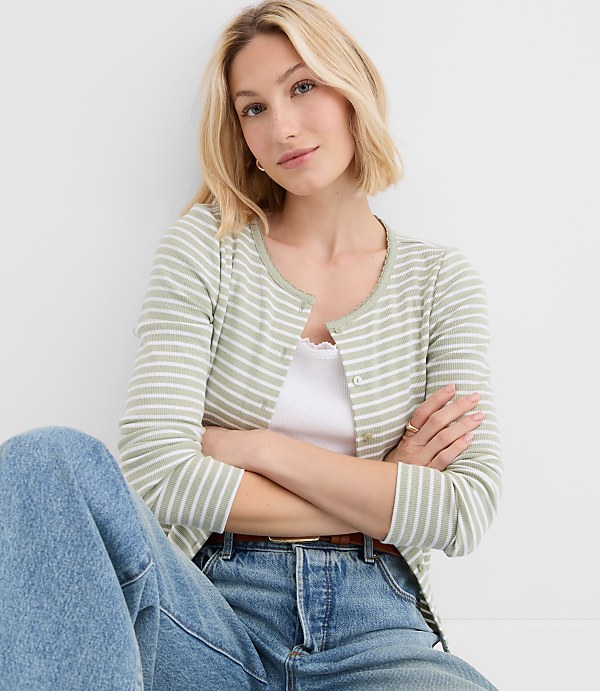 Petite Striped Scalloped Ribbed Cardigan
