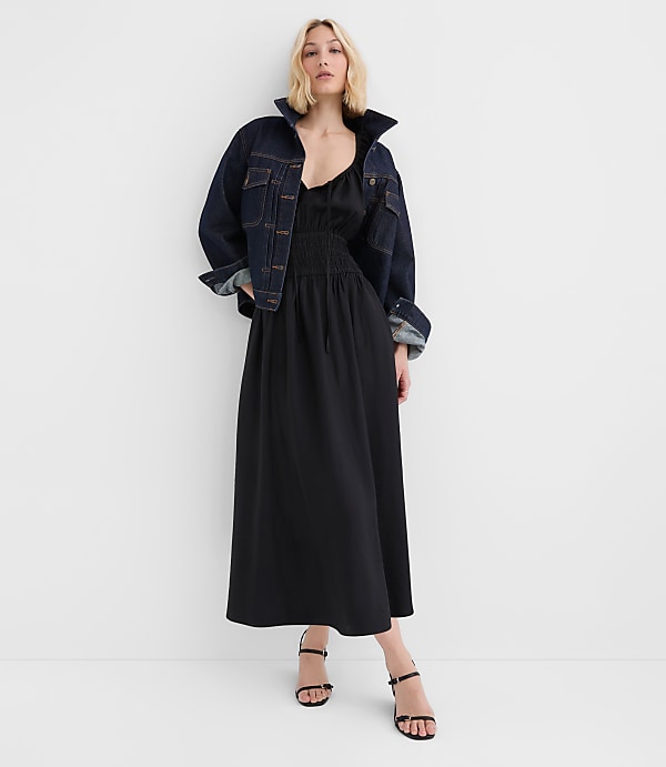 Tall Ruffle Tie Neck Smocked Midi Dress
