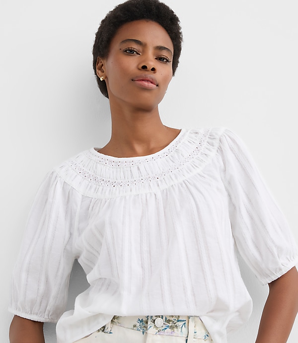 Petite Striped Lace Trim Yoke Blouse