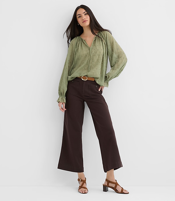Eyelet Ruffle Cuff Tie Neck Blouse