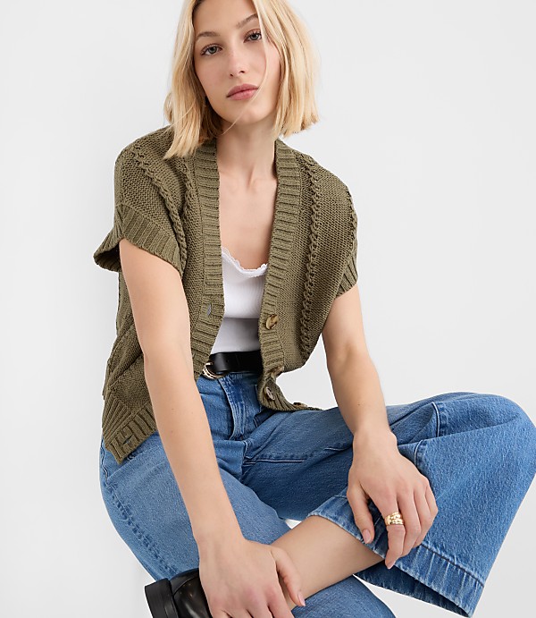 Petite Pointelle Textured Short Sleeve Cardigan