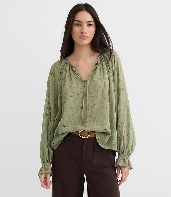 Petite Eyelet Ruffle Cuff Tie Neck Blouse