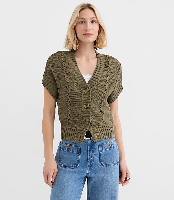 Petite Pointelle Textured Short Sleeve Cardigan
