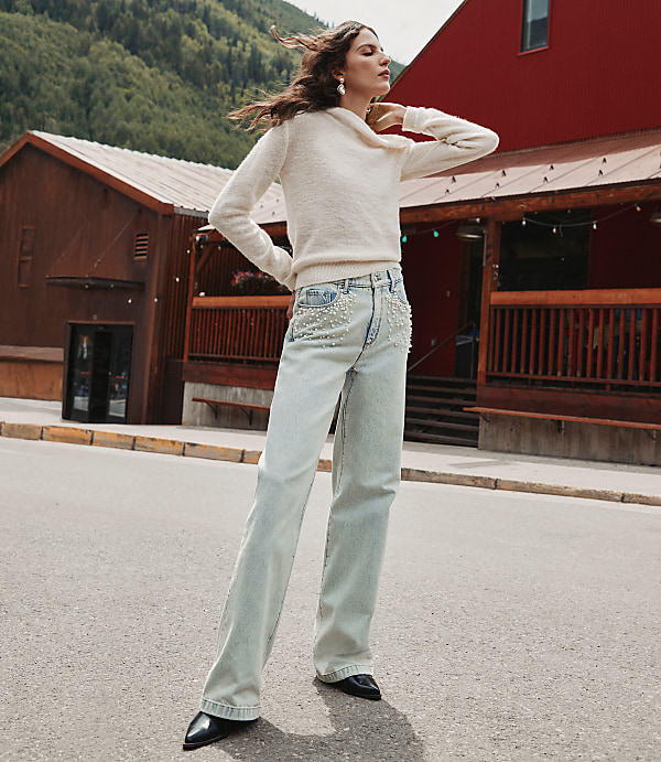 Pearlized High Rise Wide Leg Jeans in Light Vintage Indigo Wash