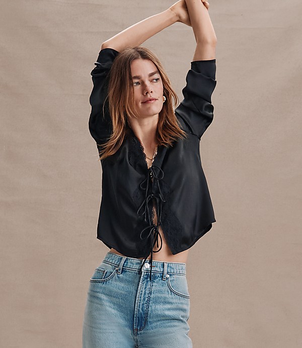Petite Lace Trim Satin Bow Blouse