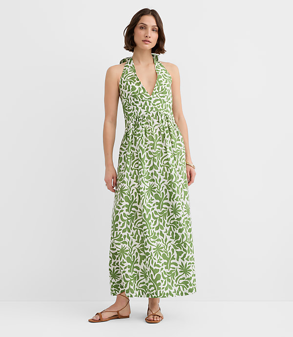 Petite LOFT Beach Palm Linen Cotton Halter Maxi Dress