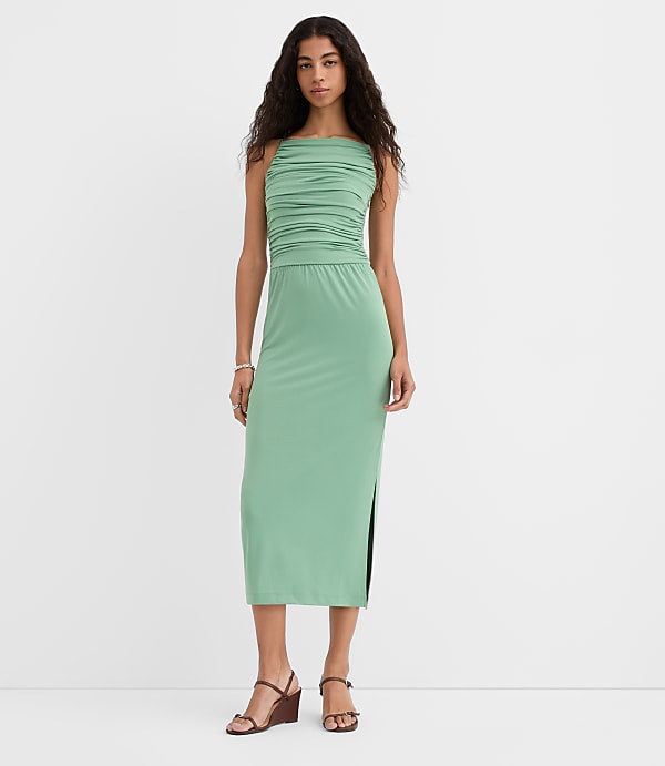 Ruched Apron Neck Midi Dress