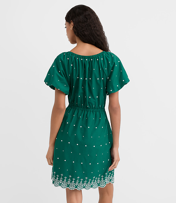 Eyelet Puff Sleeve Mini Pocket Dress