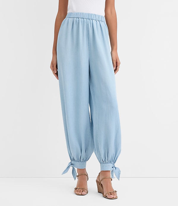 Petite Tie Cuff Balloon Pants in Chambray