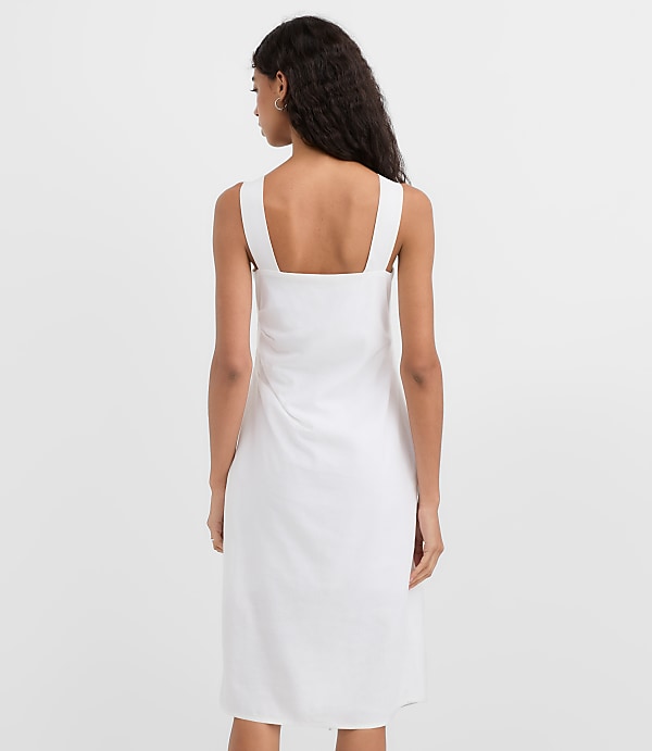 Ruched Linen Cotton Square Neck Midi Dress