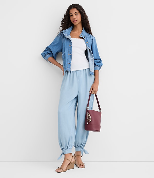 Petite Tie Cuff Balloon Pants in Chambray