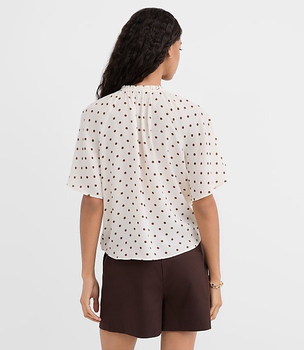 Dotted Ruffle Cuff Tie Neck Blouse