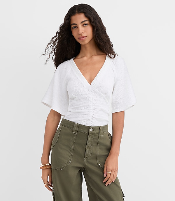 Smocked Flutter V-Neck Top