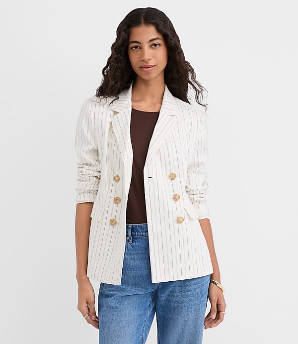 Pinstripe Cotton Linen Double Breasted Blazer