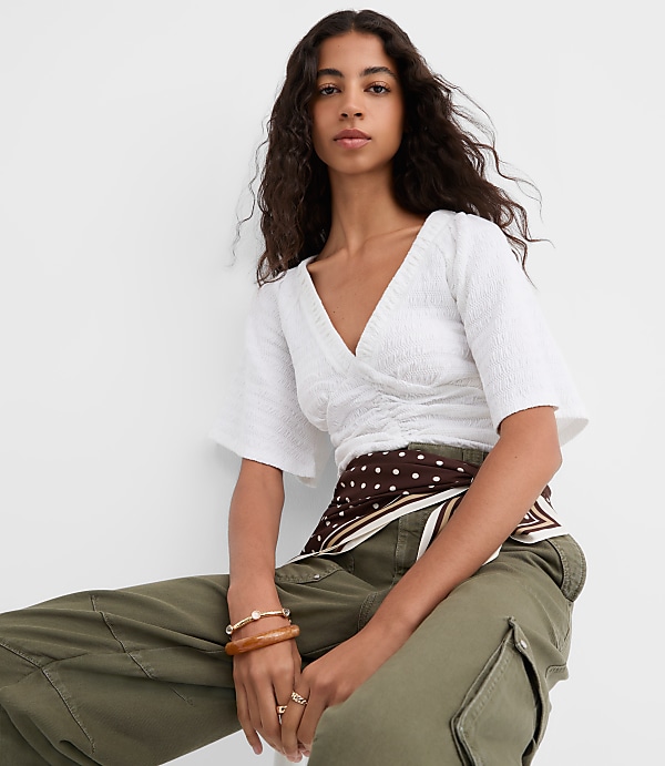 Smocked Flutter V-Neck Top