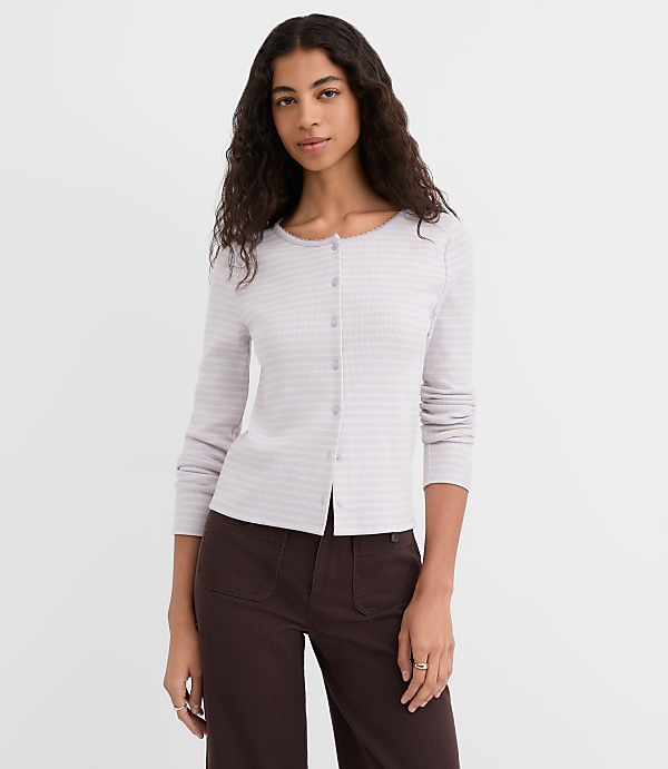 Striped Scalloped Ribbed Cardigan