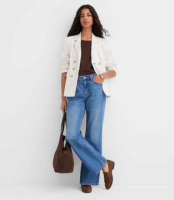 Petite Pinstripe Cotton Linen Double Breasted Blazer