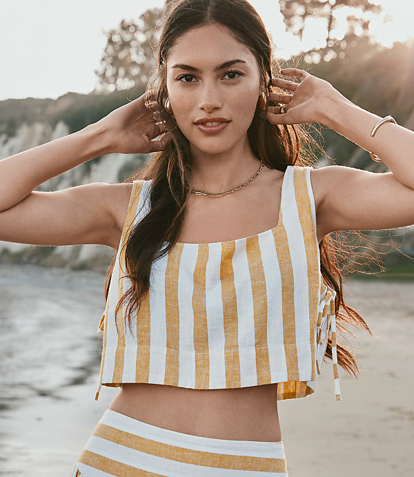 Petite LOFT Beach Striped Side Tie Linen Cotton Crop Top