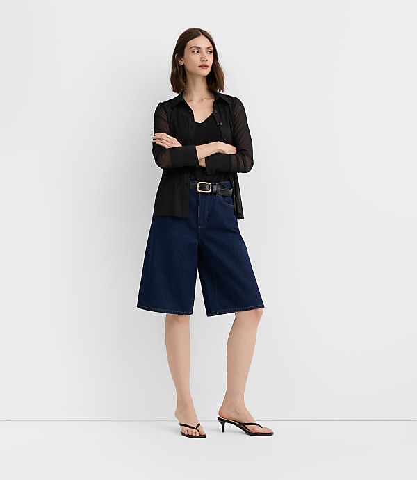 Rivete High Rise Denim Bermuda Shorts in Dark Rinse