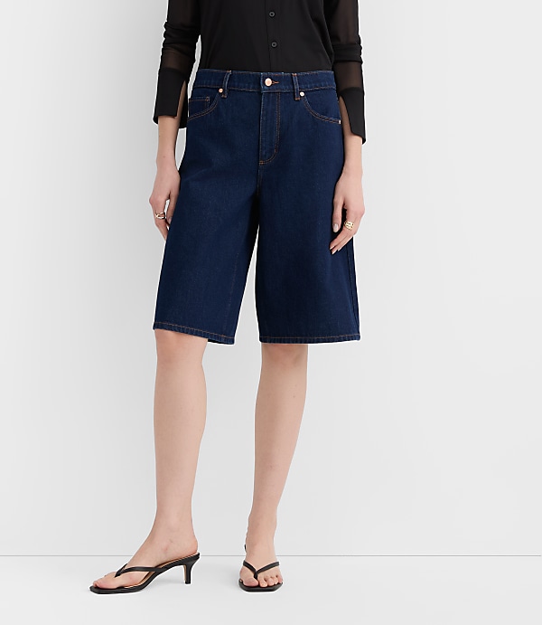 Rivete High Rise Denim Bermuda Shorts in Dark Rinse