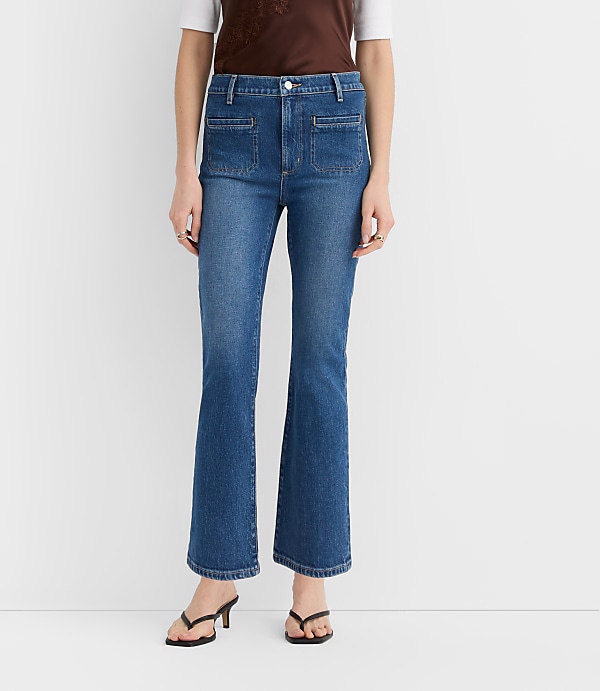 Rivete Curvy Welt Pocket High Rise Kick Crop Jeans in Mid Wash