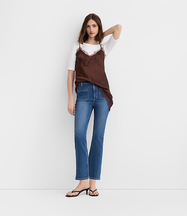 Rivete Petite Welt Pocket High Rise Kick Crop Jeans in Mid Wash