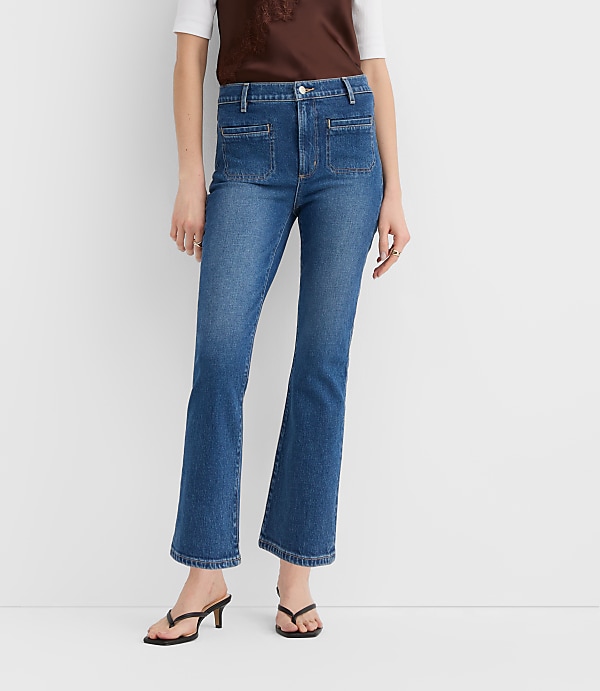 Rivete Petite Welt Pocket High Rise Kick Crop Jeans in Mid Wash