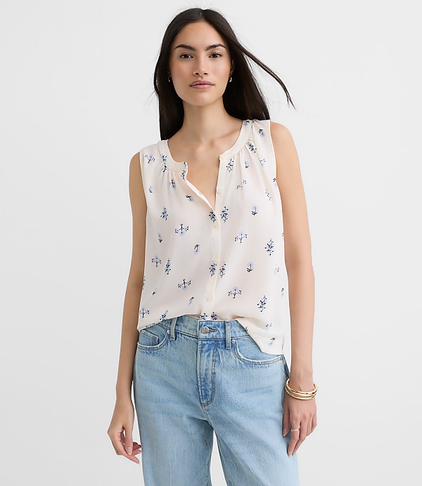 Petite Floral Shirred Button Shell
