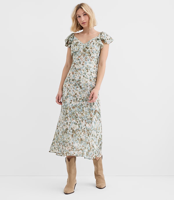 Petite Floral Ruffle Strappy Back Maxi Dress