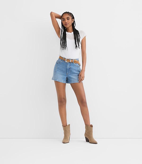 Rivete Petite Double Shank High Rise Denim Shorts in Mid Wash