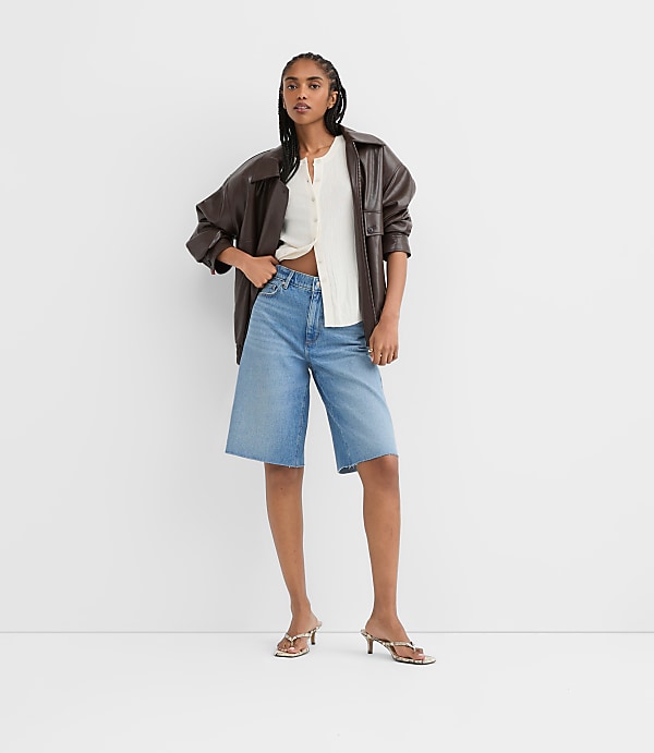 Rivete Petite High Rise Denim Bermuda Shorts in Vintage Mid Wash