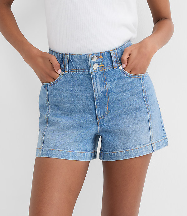 Rivete Tall Curvy Double Shank High Rise Denim Shorts in Mid Wash