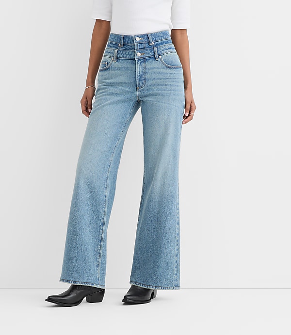 Rivete Curvy Double Waisted High Rise Wide Leg Jeans in Light Wash