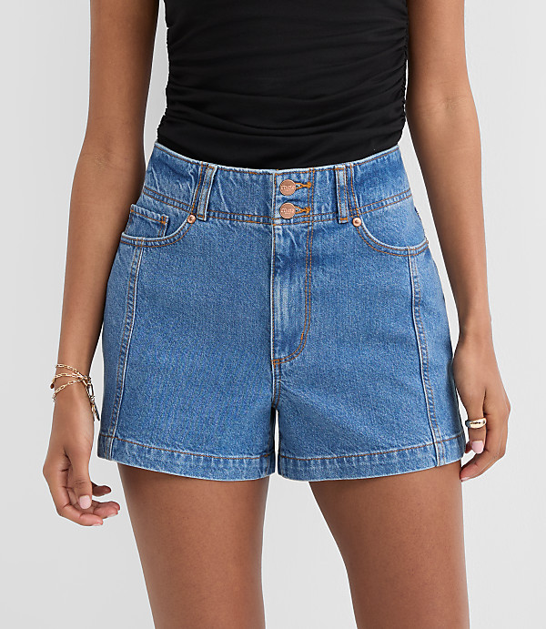Rivete Tall Curvy Double Shank High Rise Denim Shorts in Dark Wash
