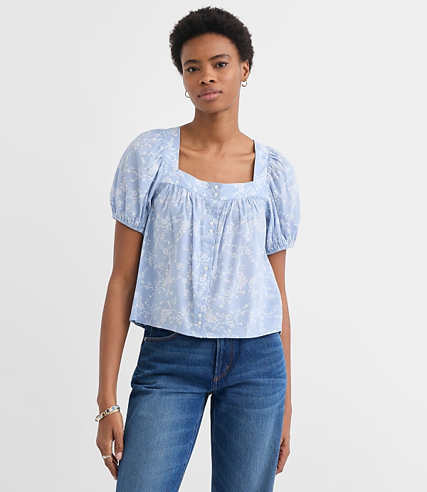 Petite Paisley Puff Sleeve Square Neck Blouse