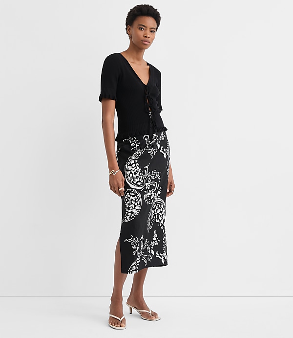 Floral Paisley Ruched Linen Blend Midi Skirt