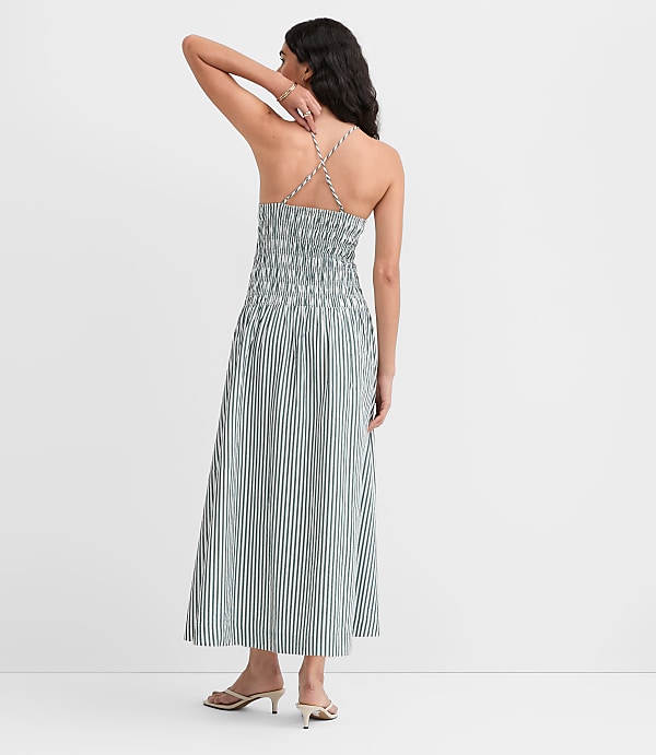 Petite Striped Smocked Halter Midi Dress