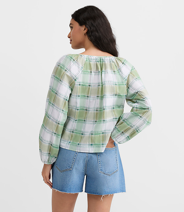 Plaid Gathered Keyhole Blouse