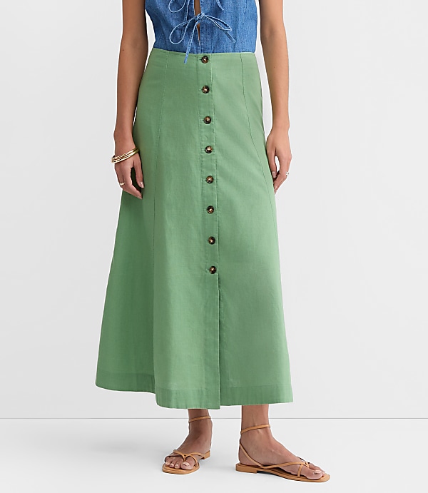 Seamed Linen Cotton Button Midi Skirt