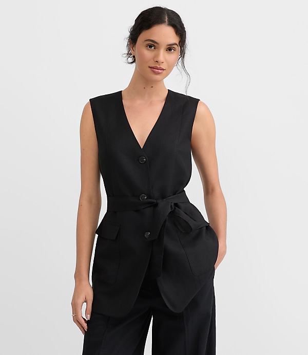 Linen Blend Belted Pocket Vest