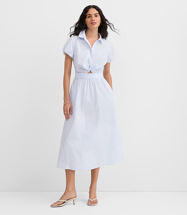 Striped Poplin Twist Midi Pocket Shirtdress