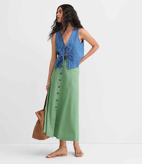 Seamed Linen Cotton Button Midi Skirt