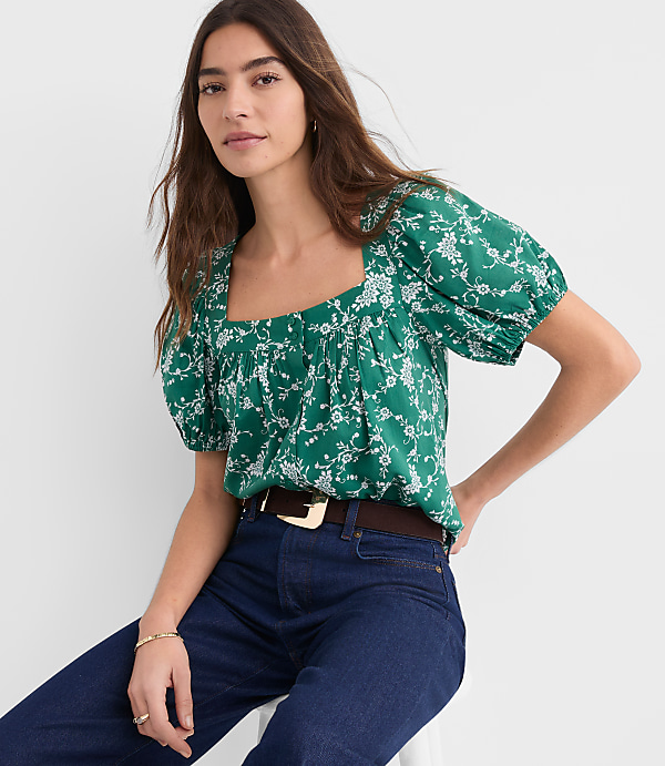 Petite Bouquet Puff Sleeve Square Neck Blouse