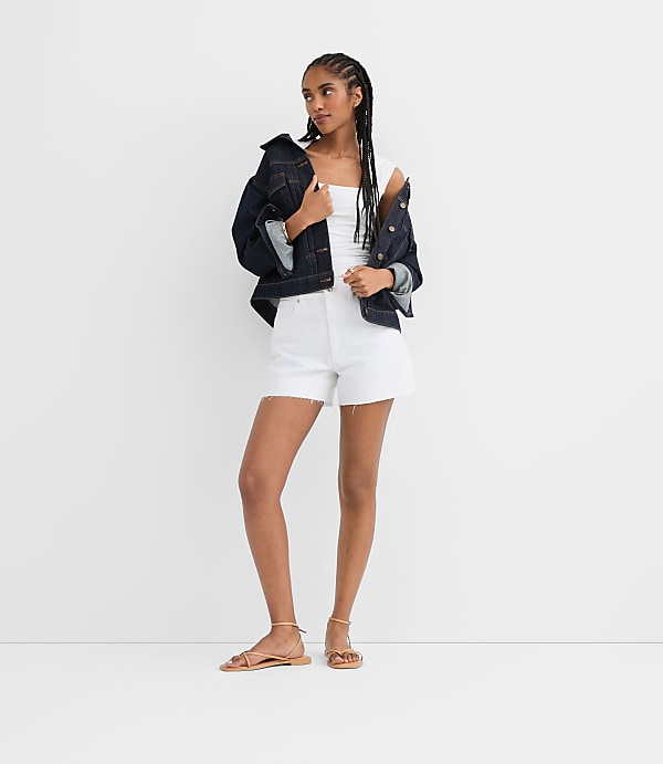Rivete Petite High Rise Cut Off Denim Shorts in White