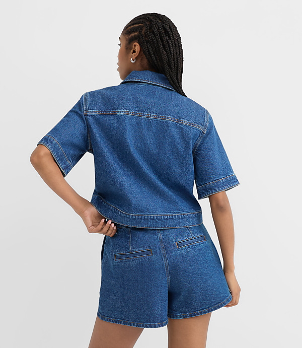 Rivete Short Sleeve Denim Jacket in Medium Stone Wash