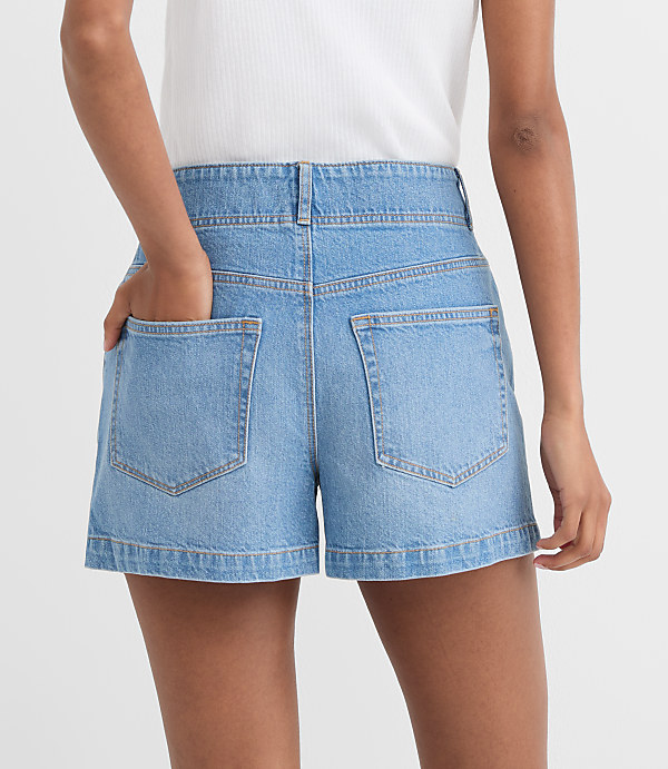 Rivete Petite Double Shank High Rise Denim Shorts in Mid Wash