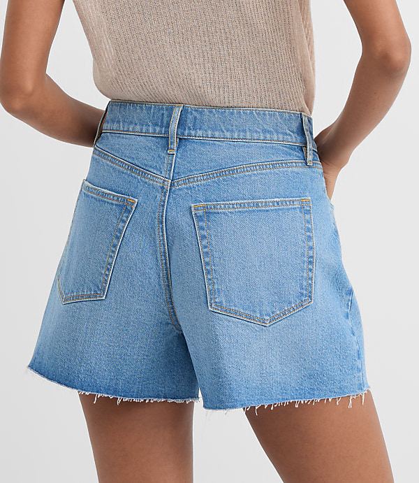 Rivete Petite High Rise Cut Off Denim Shorts in Mid Wash