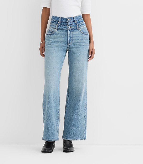Rivete Petite Double Waisted High Rise Wide Leg Jeans in Light Wash
