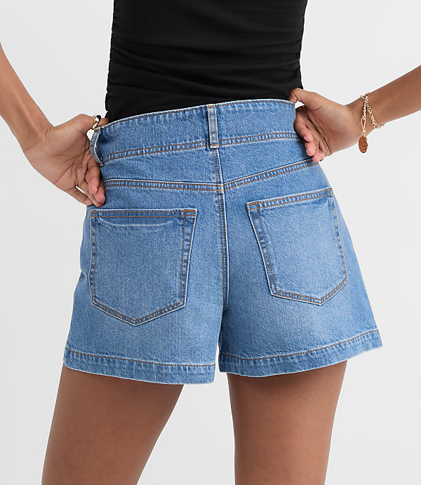 Rivete Curvy Double Shank High Rise Denim Shorts in Dark Wash